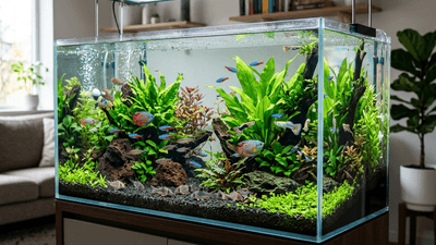 Beautifully planted freshwater aquarium with colorful tropical fish