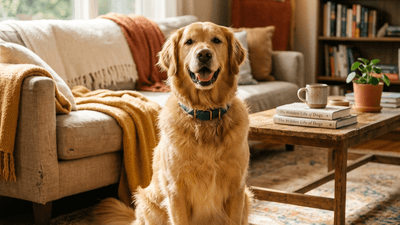 Golden retriever sitting happily in a sunlit living room