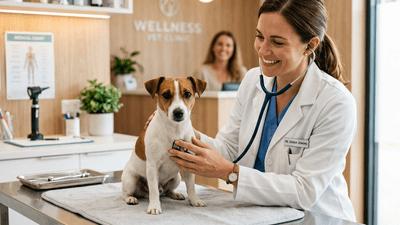 Veterinarian gently examining a small dog on an exam table