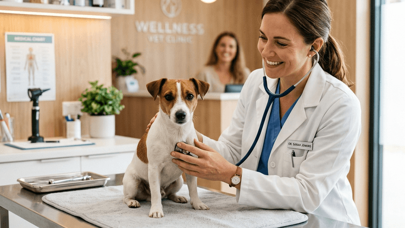 Veterinarian gently examining a small dog on an exam table